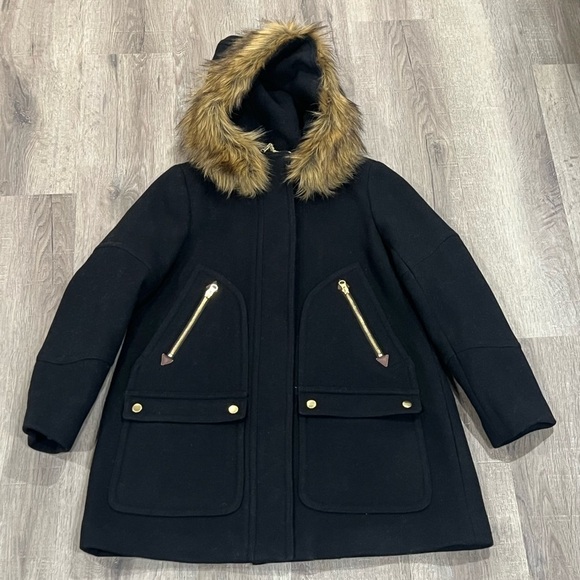 J Crew Size 8P Black Italian Stadium Cloth Nello Gori Fur Wool Cocoon Jacket - Picture 2 of 10